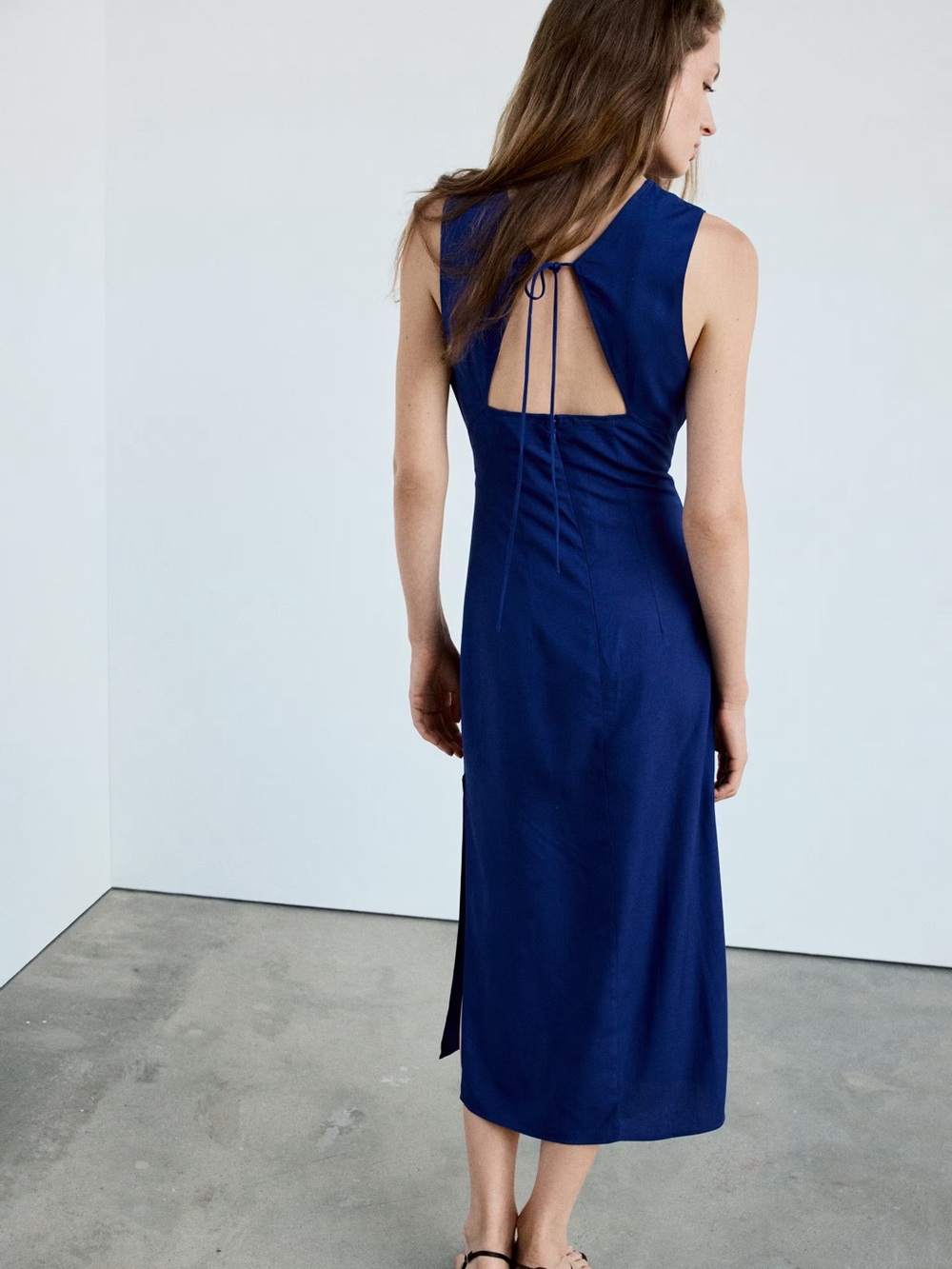 Mango Royal Blue Open Back Tie Detail Midi Dress